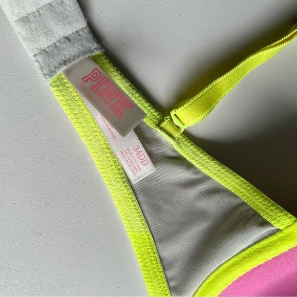 PINK Bra Demi Buste Gray Neon Yellow Pink Sz 34DD. MINT Condition - Picture 4 of 5